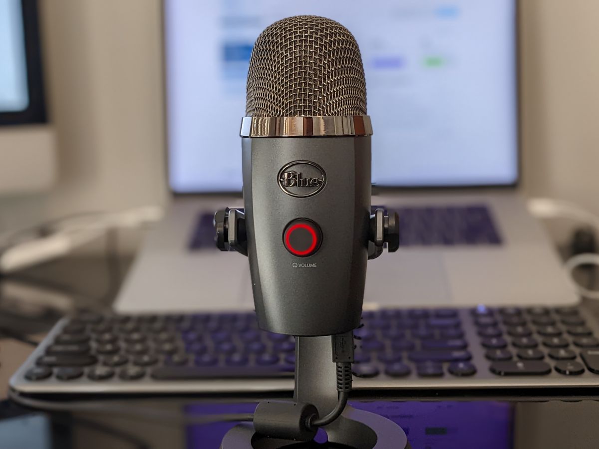 Desktop microphone set up at a workstation
