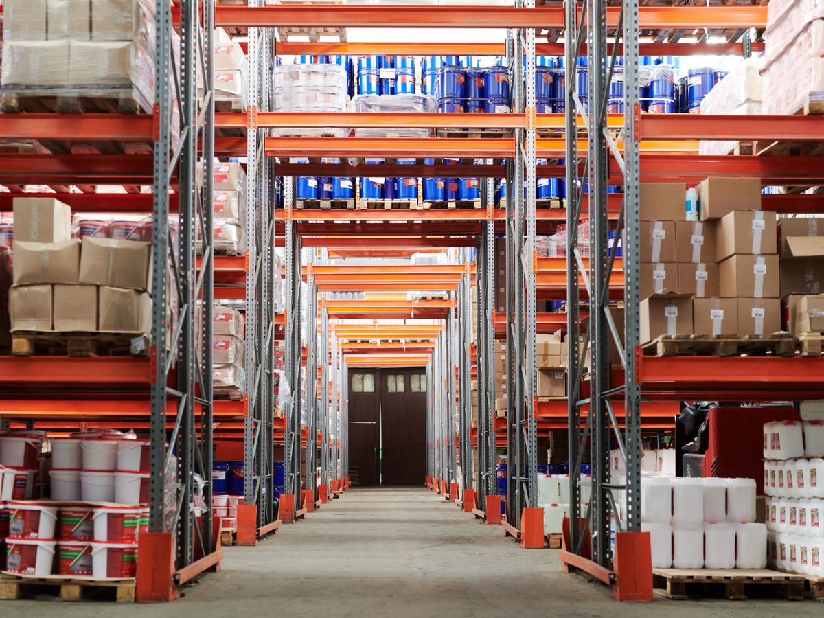 Warehouse shelves stocked with a broad range of products