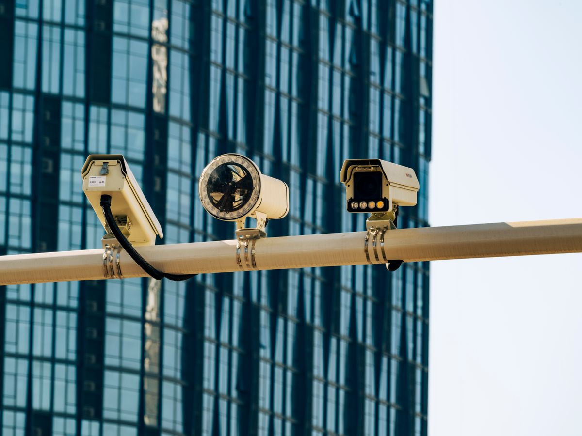 Surveillance cameras mounted outside a commercial building